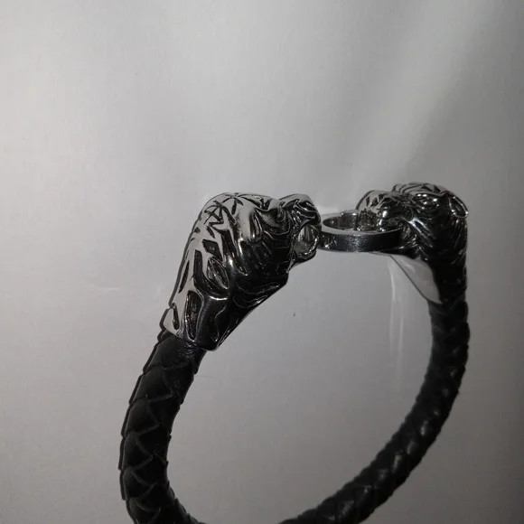 Nordic Style Braided Leather Stainless Steel Tiger Head Bracelet - Picture 5 of 9